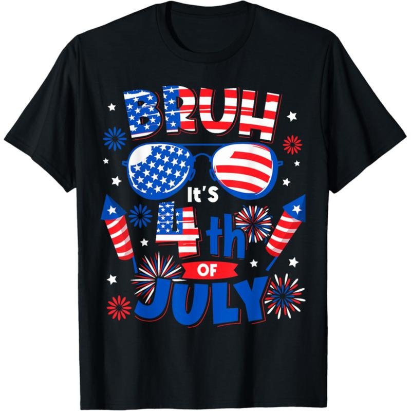 American Independence Day T-shirt 100% Cotton Bruh 4th Of July Sunglasses American Flag Patriotic Boy T-Shirt tokwear Tee
