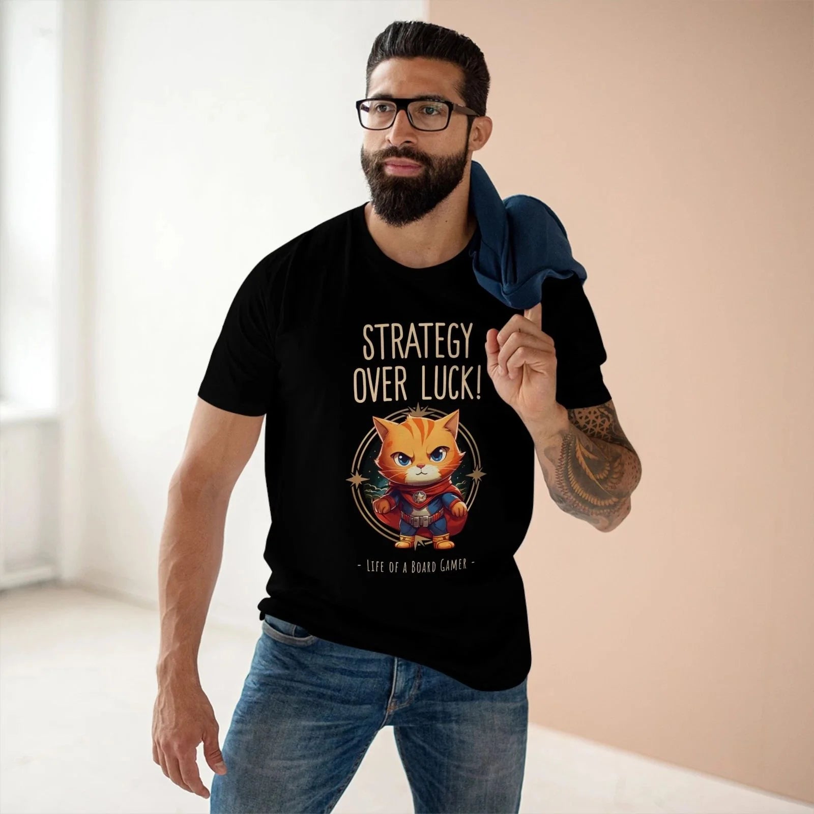 Strategy Over Luck! Space Cat Adult T-Shirt Board Gamer Unisex T-shirt, Sweatshirt, Hoodie, Long Sleeve Tee